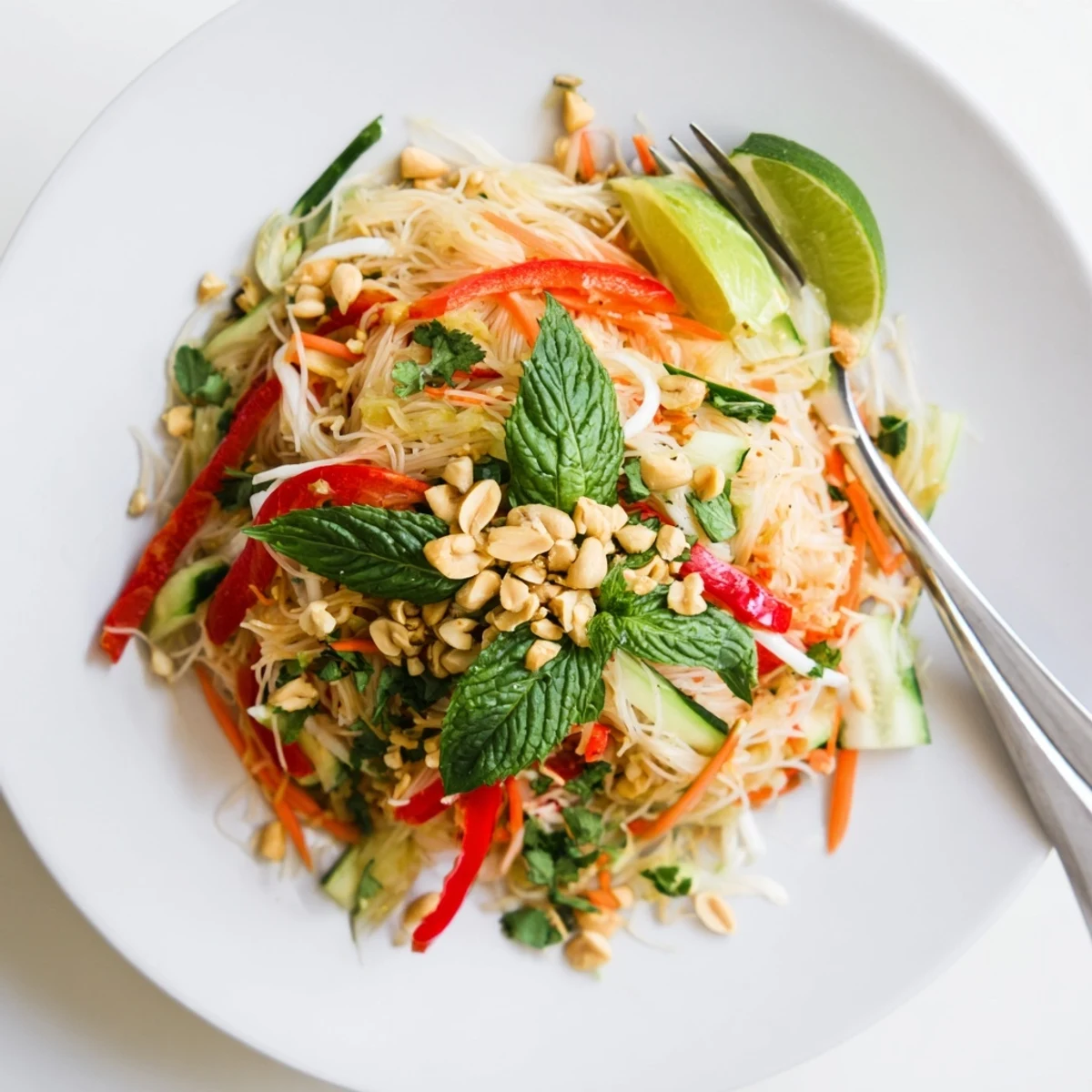 Colorful Vietnamese noodle salad bowl piled with crisp vegetables, fresh herbs, and tangy lime dressing