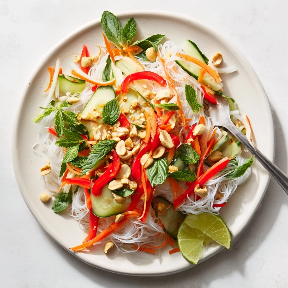 Glossy rice vermicelli noodles tossed with julienned carrots, cucumber slices, and vibrant mint-cilantro garnish