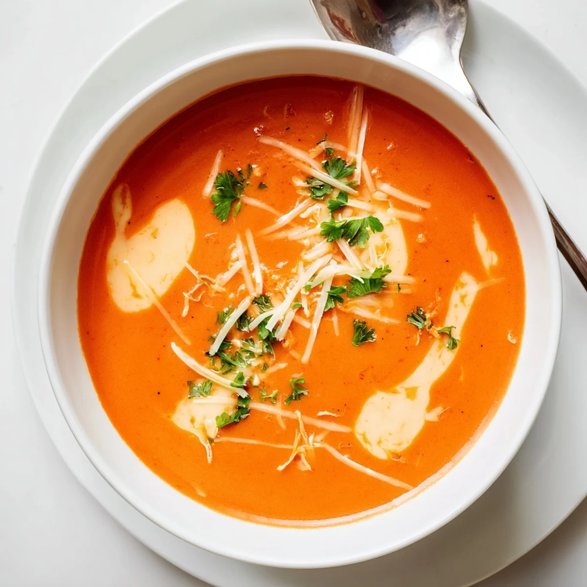 Creamy roasted red pepper Gouda soup garnished with fresh parsley and shredded cheese