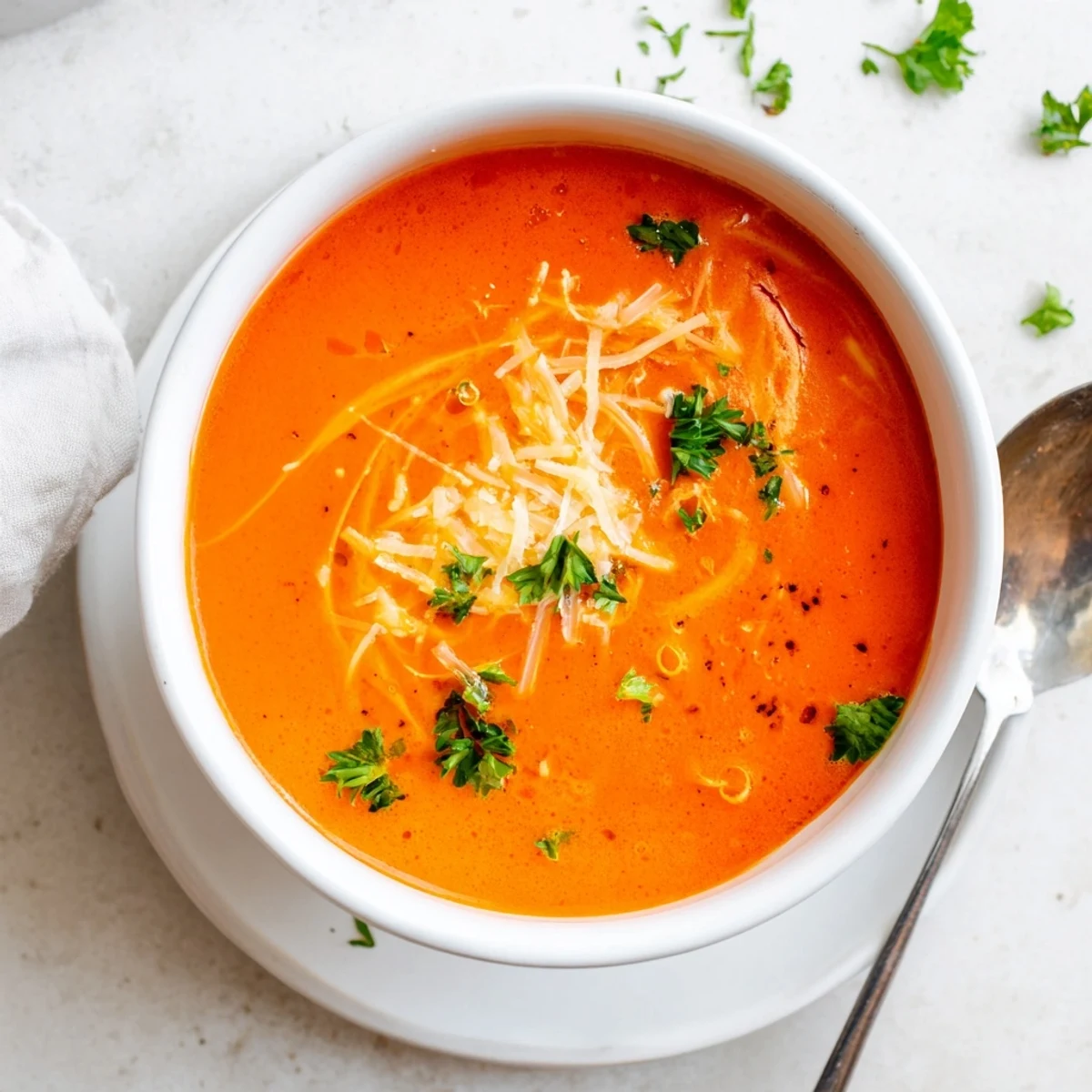 Velvety orange bowl of roasted red pepper Gouda soup served with crusty bread