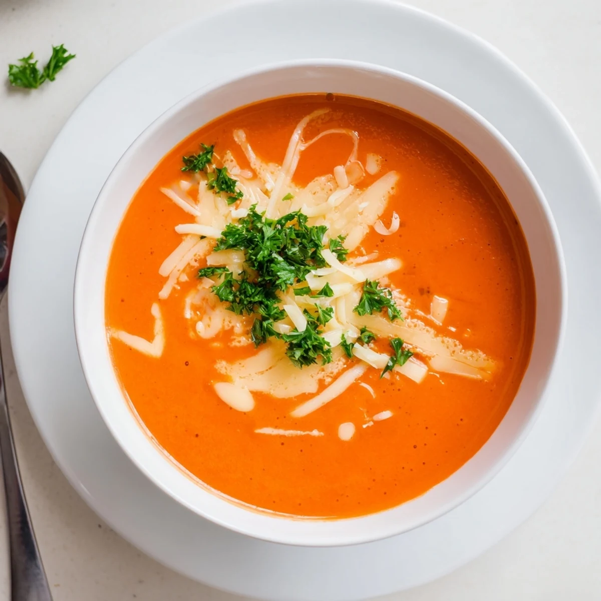 Steaming roasted red pepper Gouda soup topped with melted cheese and green parsley
