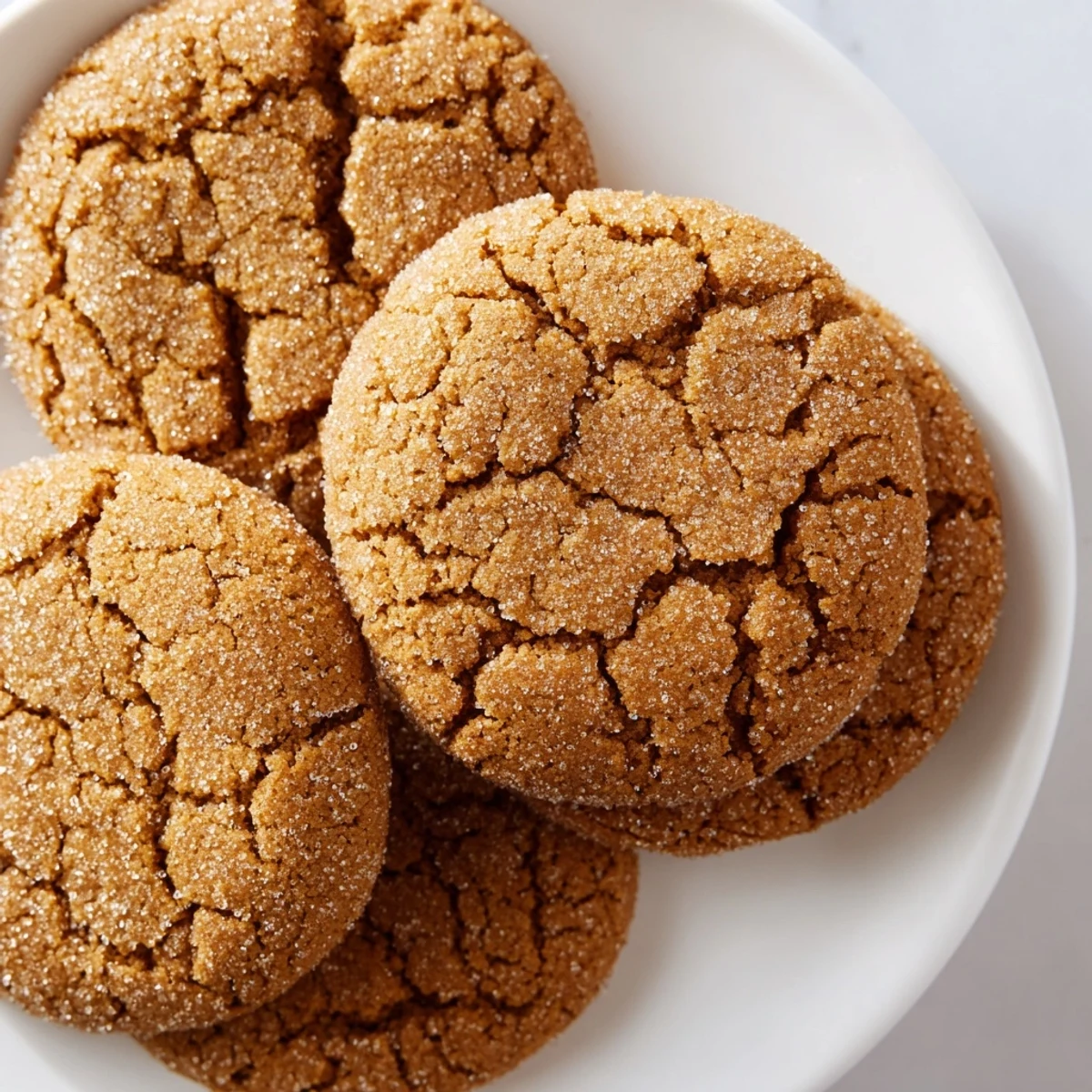 Golden brown gingersnap cookies with crackled tops and sugary coating cooling on wire rack