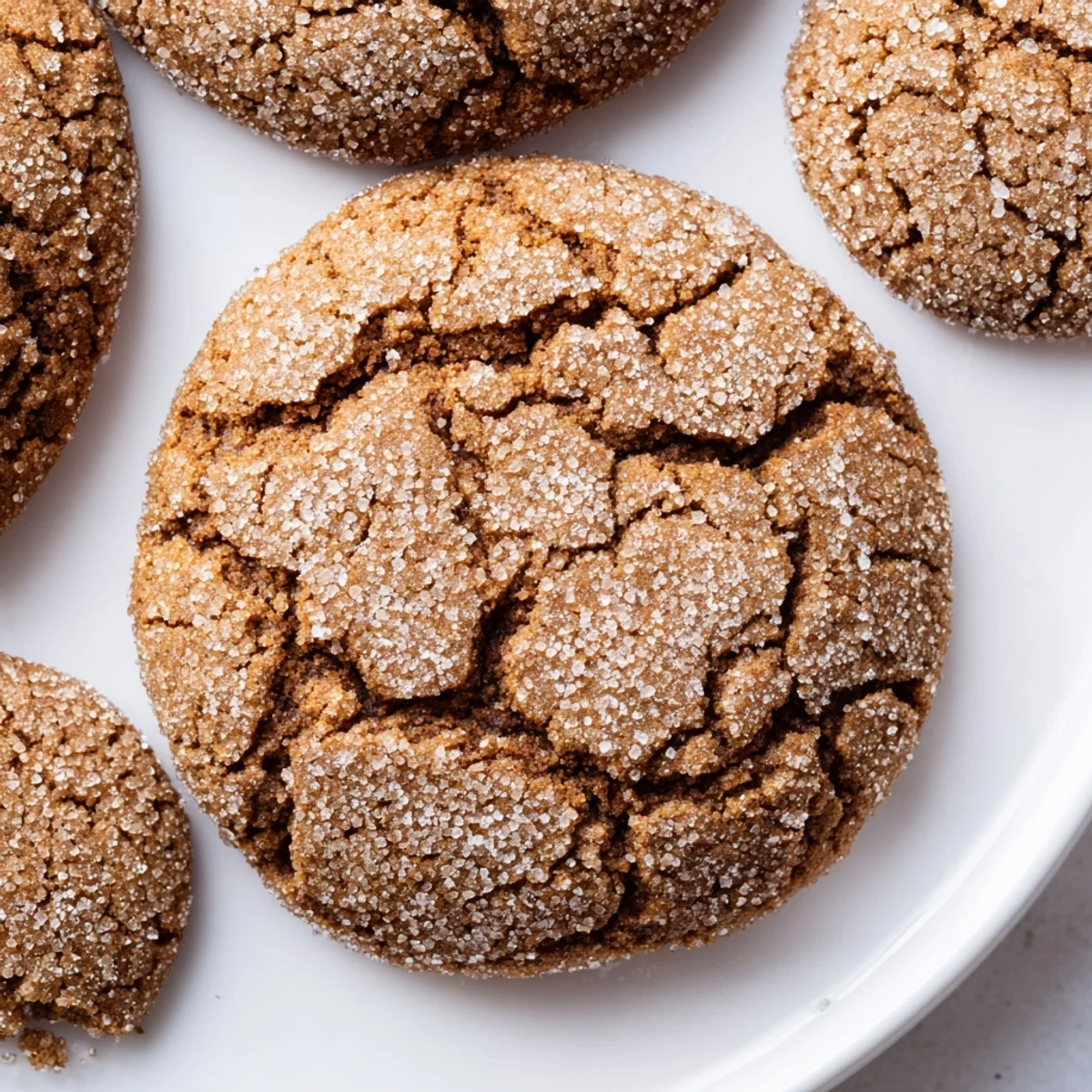 Plate of warm gingersnap cookies dusted with sugar ready for holiday dessert serving
