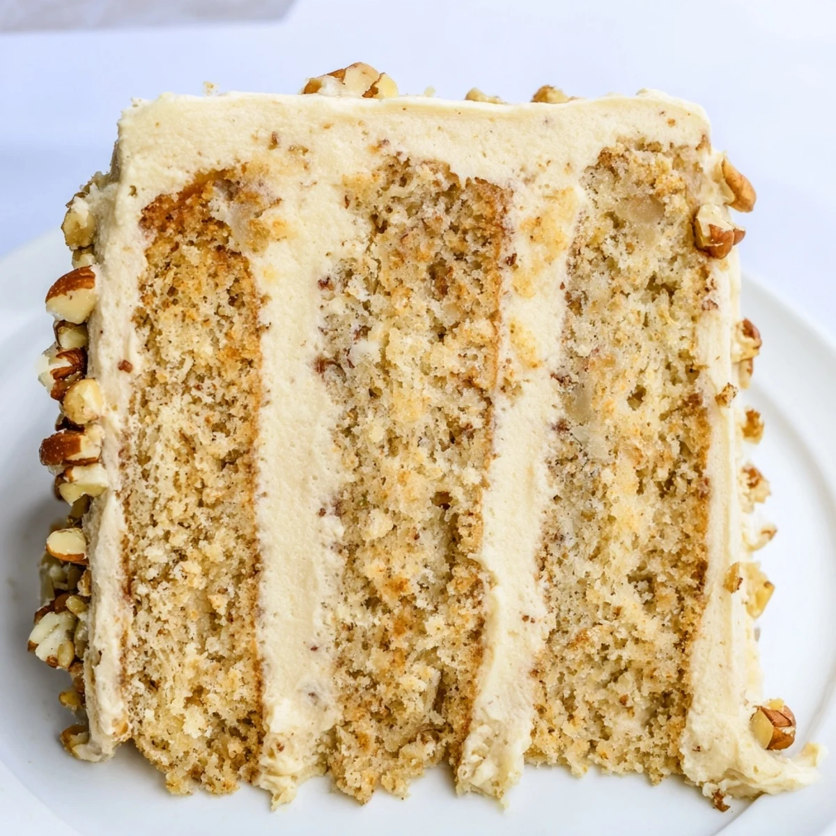 Golden butter pecan cake layered with creamy frosting and topped with toasted pecans on a white serving plate