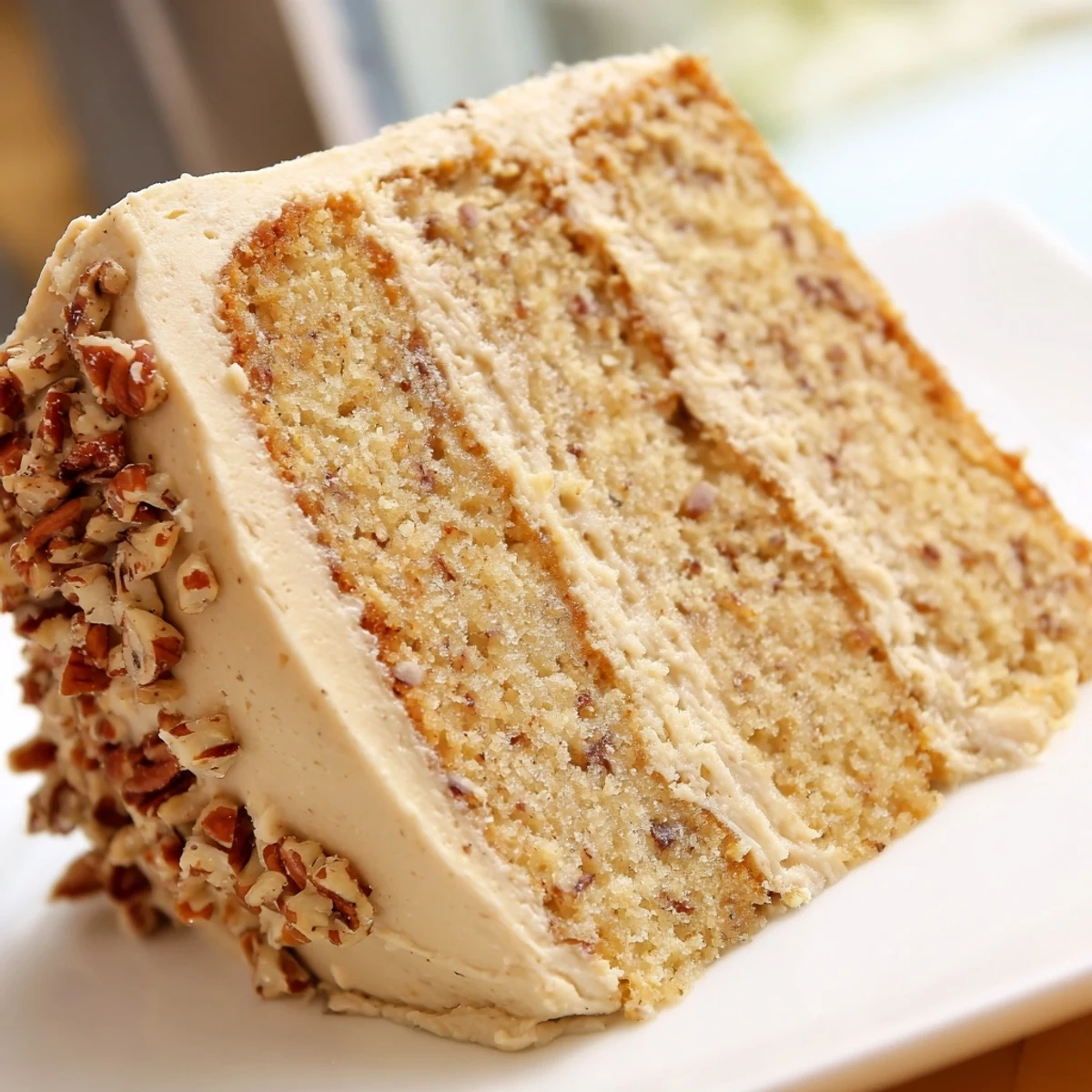 Three-layer butter pecan cake with chopped pecans embedded in the velvety frosting on a cake stand