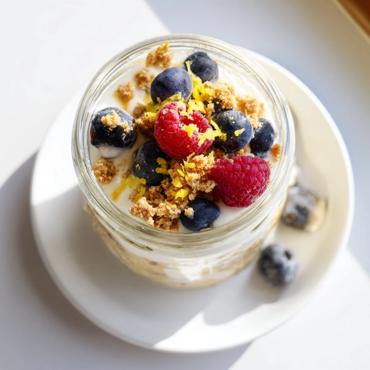 Creamy overnight oats jar topped with fresh berries and graham cracker crumbs capturing zesty lemon cheesecake flavors