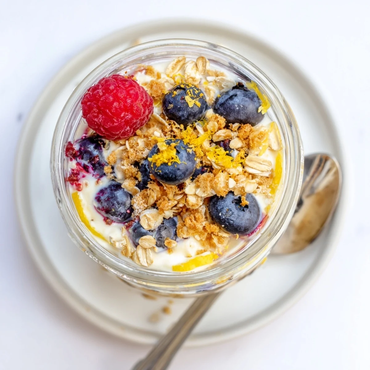 Mason jar filled with tangy lemon cheesecake overnight oats garnished with colorful berries and lemon zest
