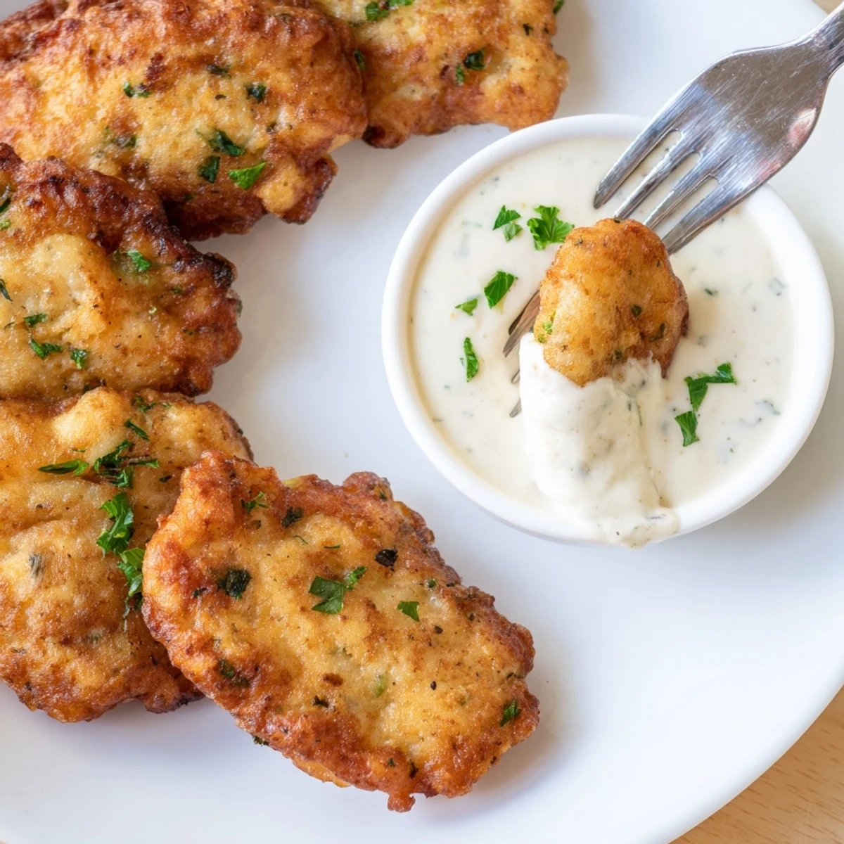 Golden brown cheesy chicken fritters served with creamy homemade garlic aioli dip on a white plate
