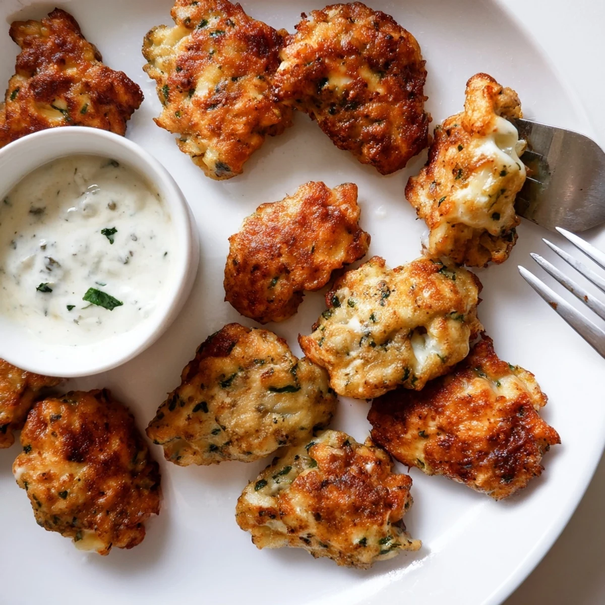 Crispy pan-fried chicken fritters with melted cheese alongside a bowl of garlicky aioli sauce for dipping