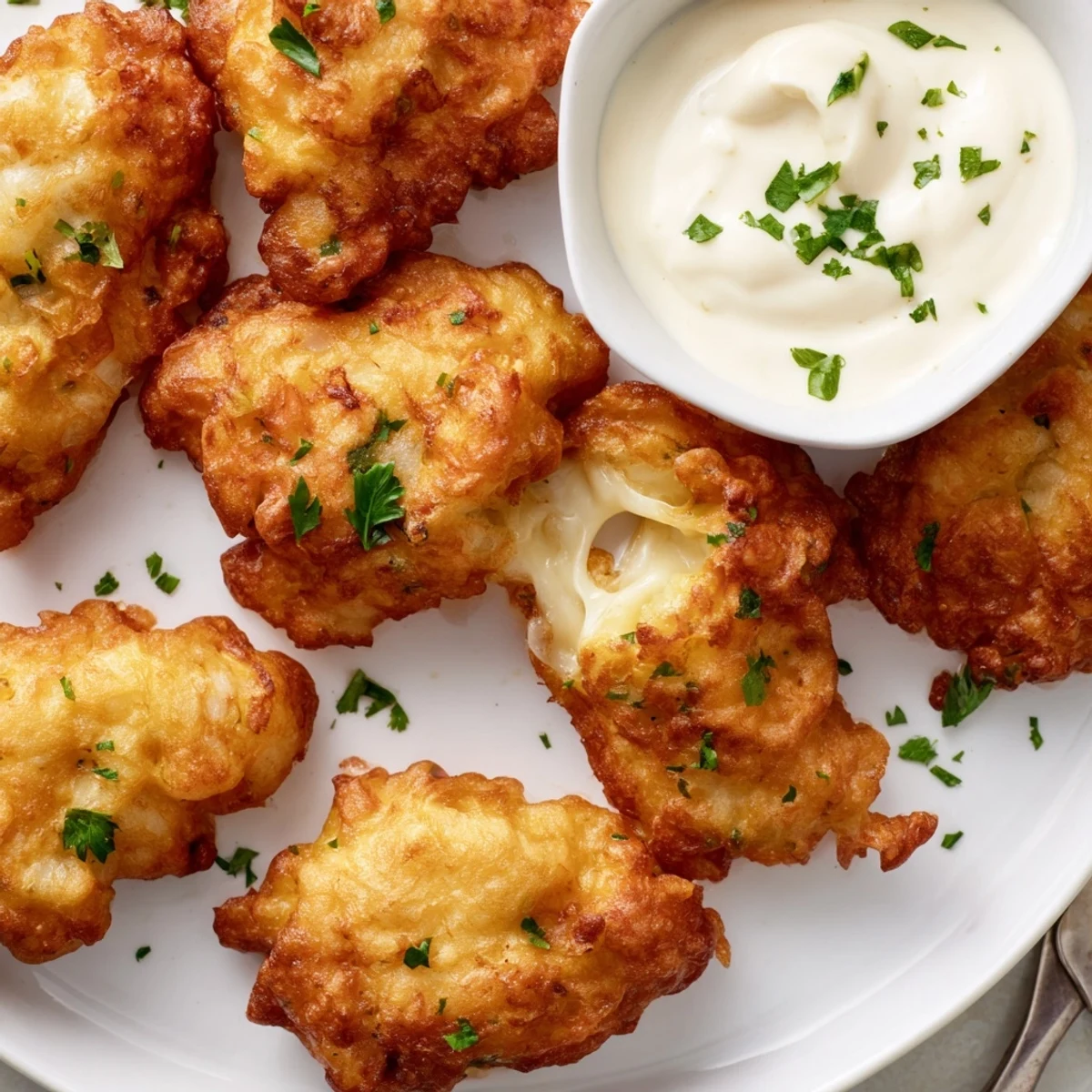 Tender bite-sized cheesy chicken fritters arranged on a serving platter with fresh garlic aioli on the side