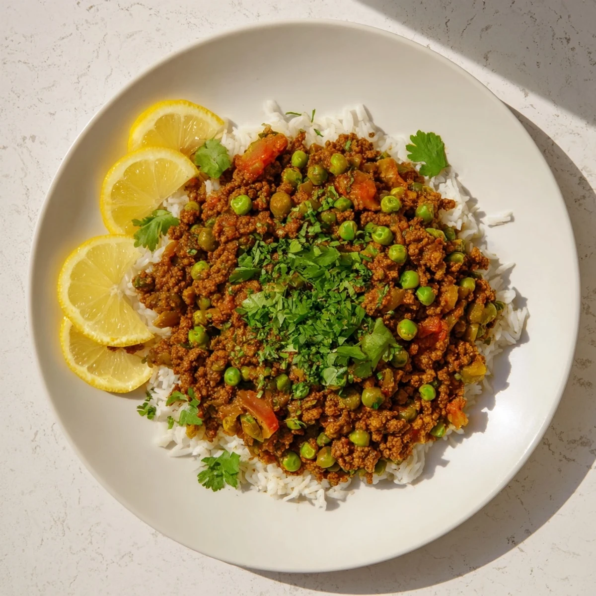 Golden savory Keema curry with ground meat, tender peas, and fresh cilantro garnish in a bowl