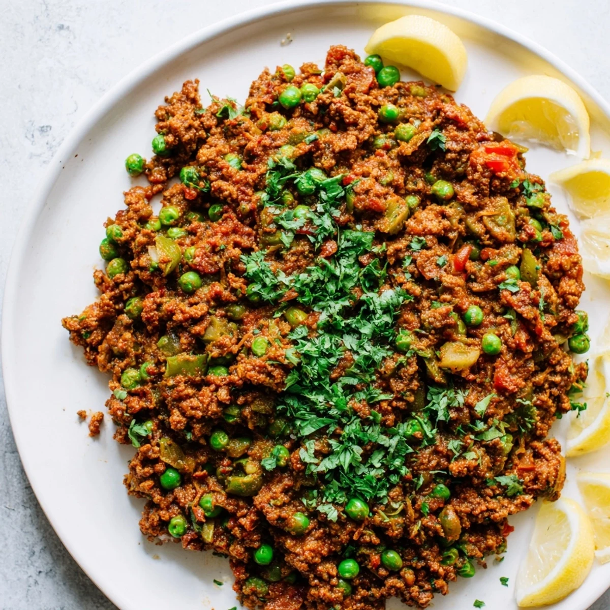 Steaming savory Keema curry simmered with warming spices, tomatoes, and green peas in a rustic skillet