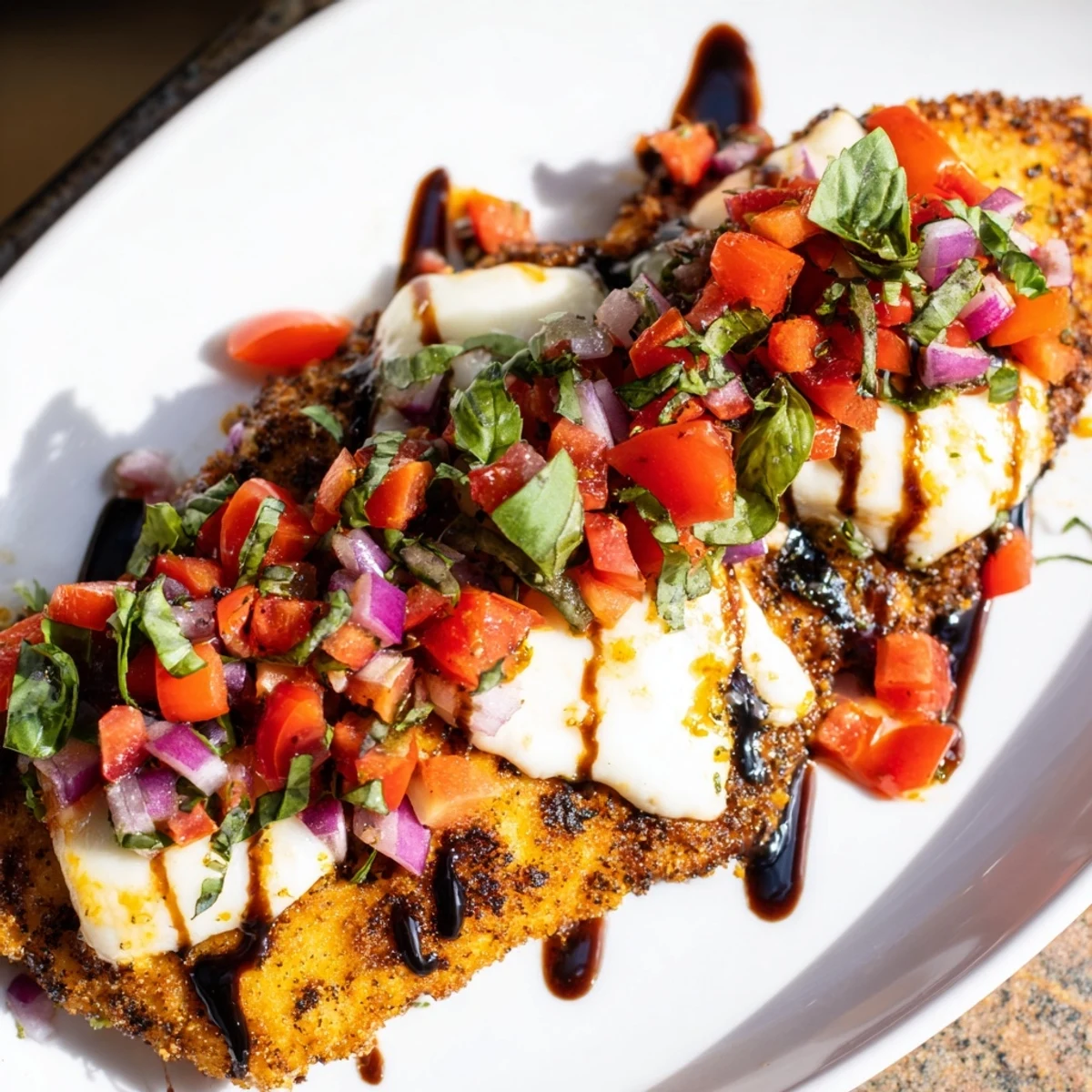 Golden brown chicken breast topped with melted mozzarella and vibrant tomato bruschetta garnish