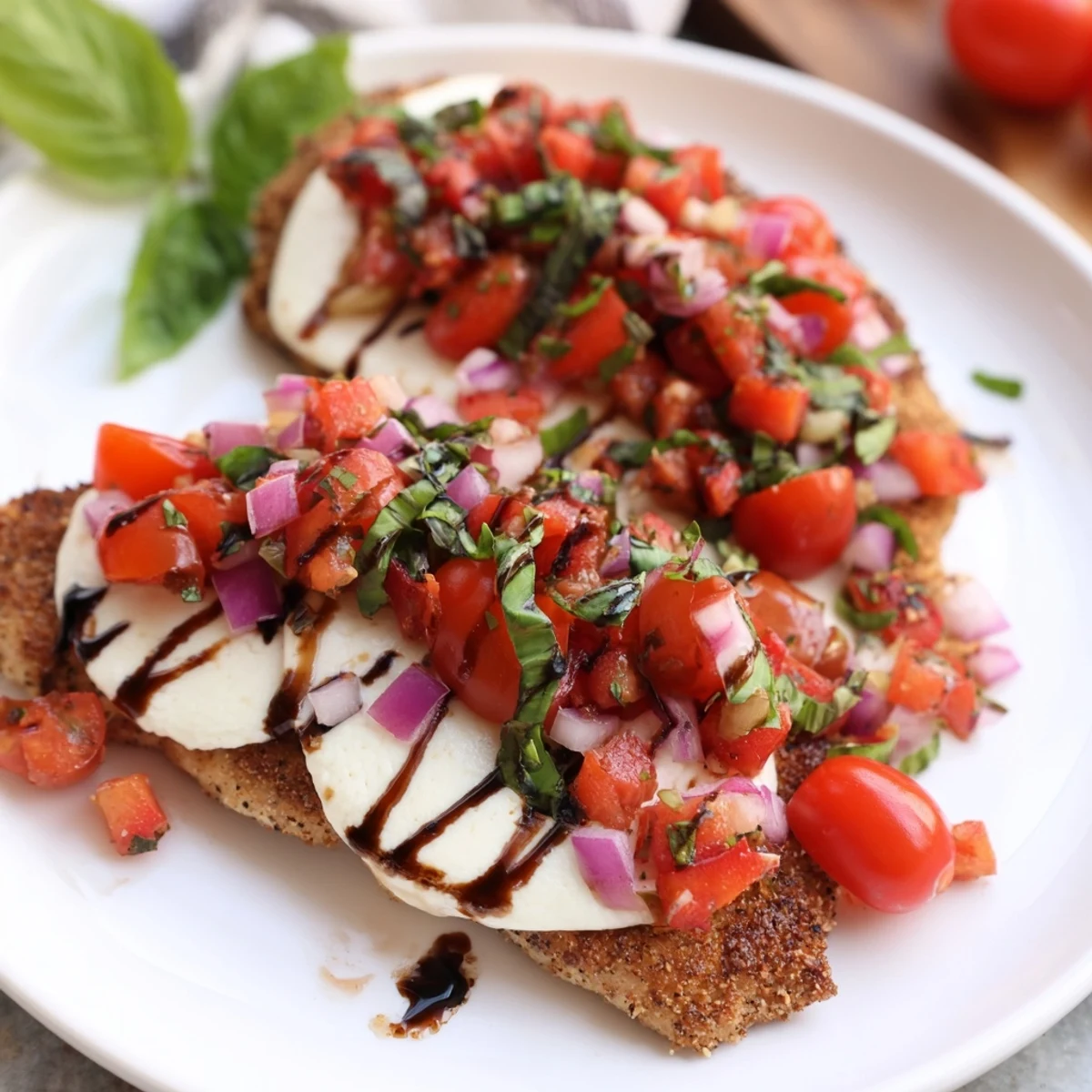 Italian chicken dish featuring juicy bruschetta topping and melted fresh mozzarella slices