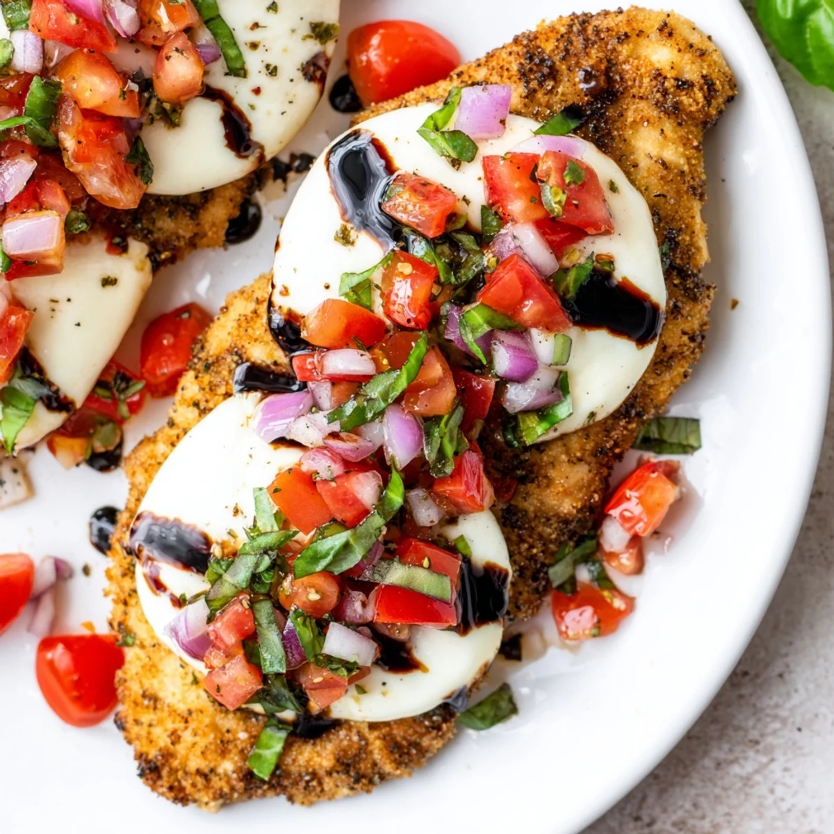 Sizzling Mozzarella Bruschetta Chicken fresh from the oven with bubbling cheese and basil