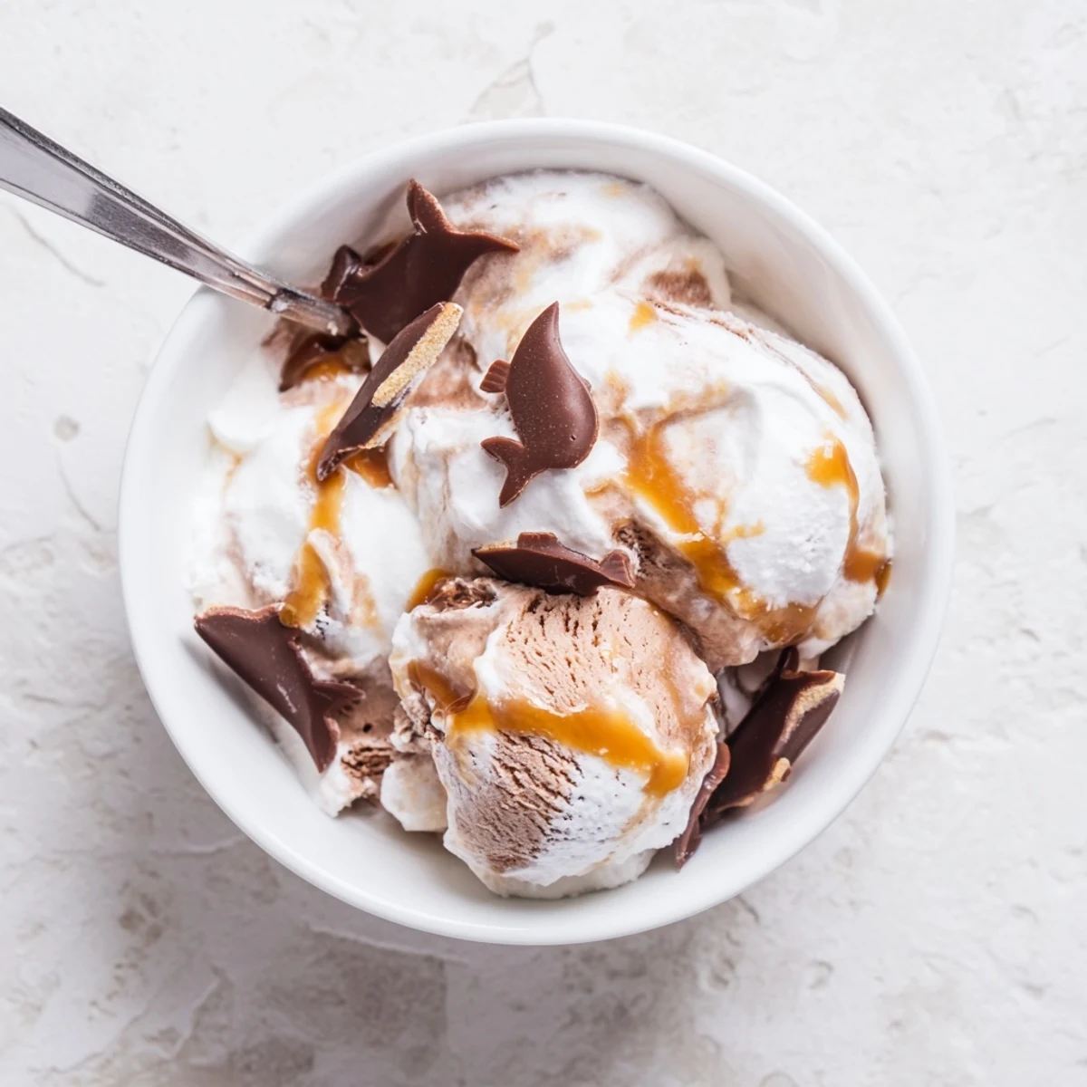 Chocolate Ninja Creami Phish Food ice cream scooped with gooey marshmallow and caramel drizzle