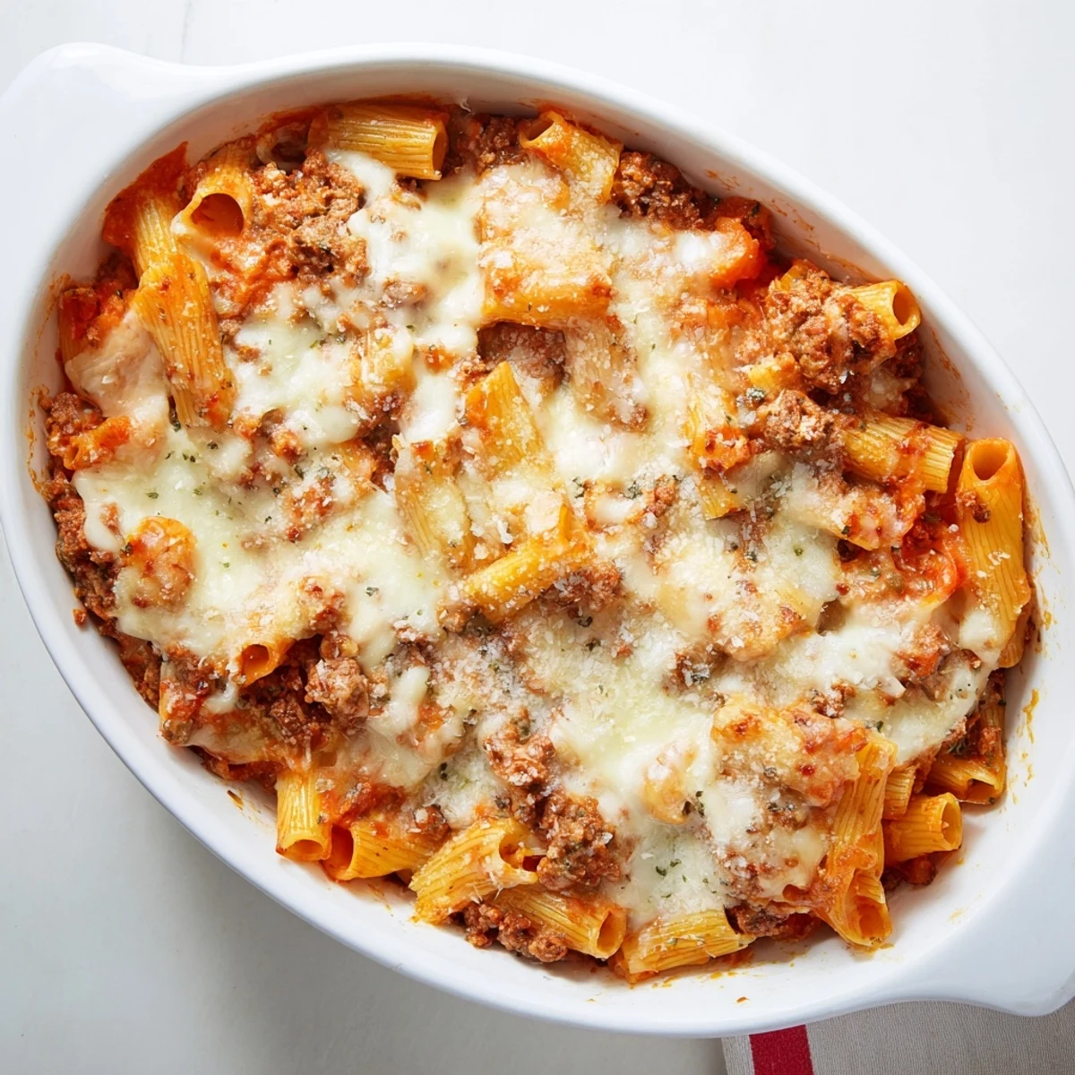 Golden bubbling Bolognese pasta bake fresh from the oven with melted mozzarella cheese topping