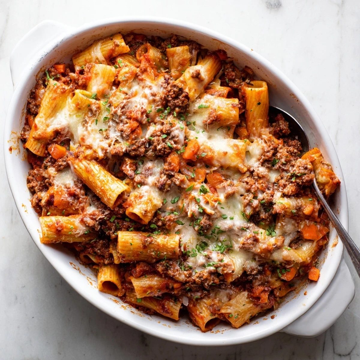 Family-style Bolognese pasta bake featuring tender pasta noodles layered with rich beef ragu and crispy Parmesan
