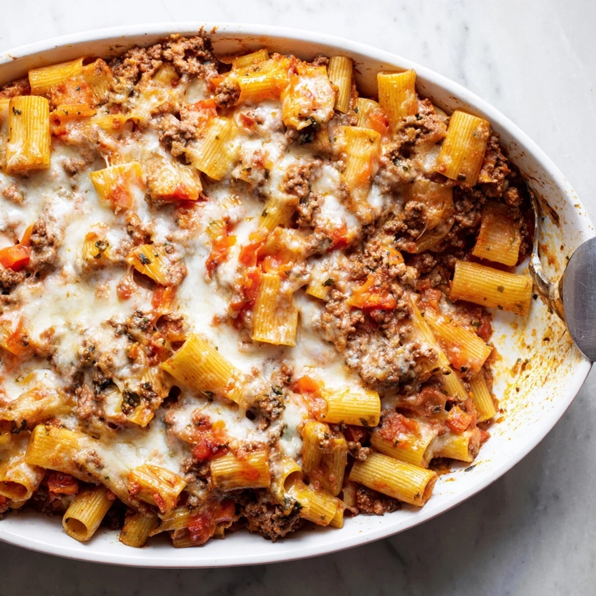 Creamy meat sauce coats rigatoni pasta in this comforting Italian Bolognese pasta bake casserole
