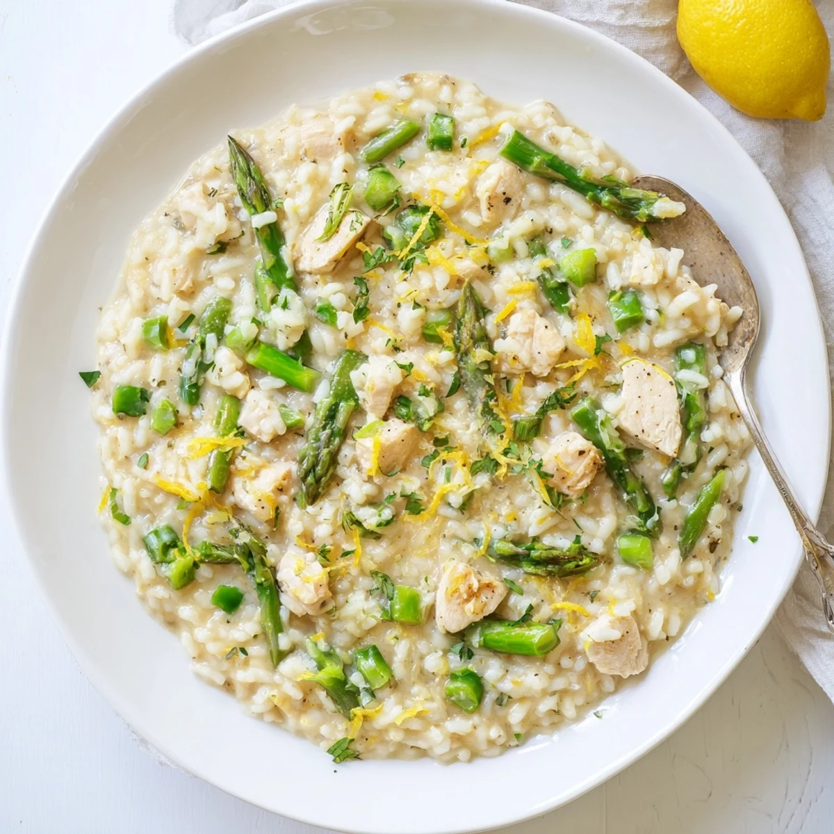 Creamy chicken and asparagus risotto topped with grated Parmesan and fresh parsley