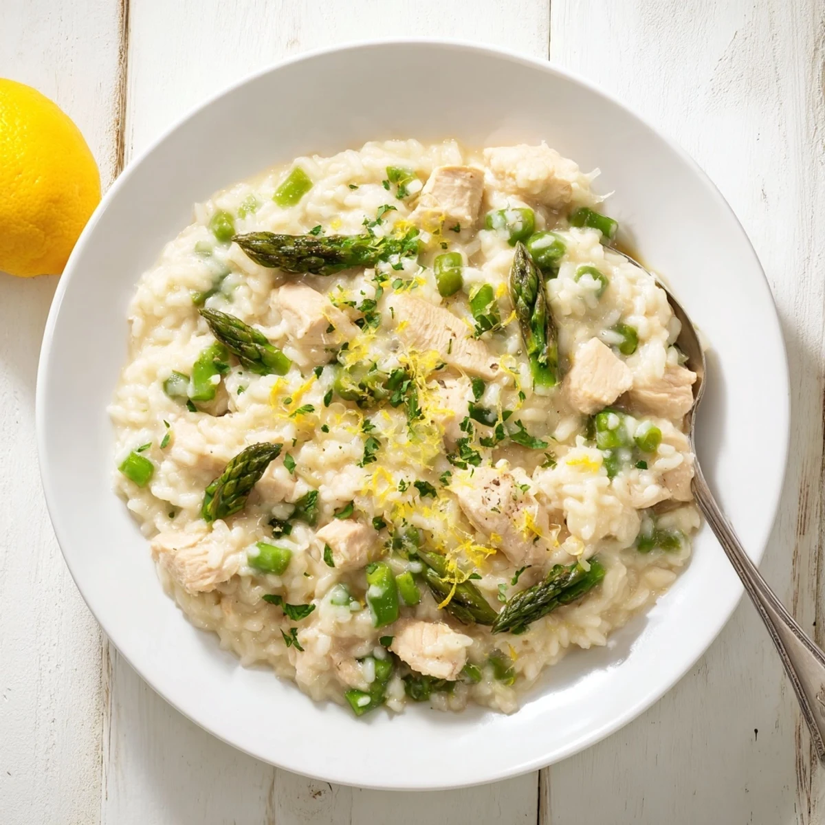 Spoonful of rich Italian chicken and asparagus risotto with tender asparagus pieces