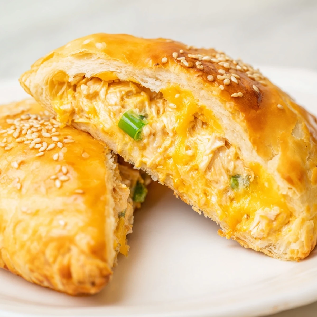 Golden brown cheesy chicken pockets with flaky pastry and melty cheddar cheese filling