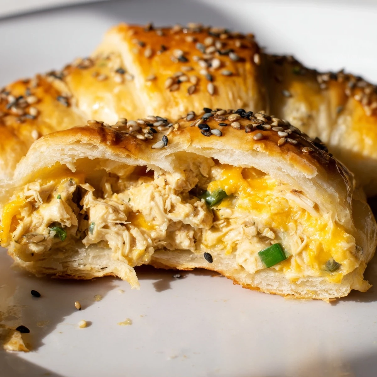 Freshly baked cheesy chicken pockets on a white plate with sesame seed topping
