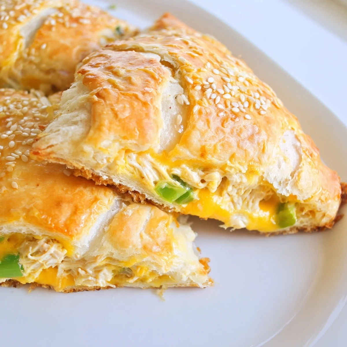 Homemade cheesy chicken pockets cut open to reveal tender chicken and cream cheese filling