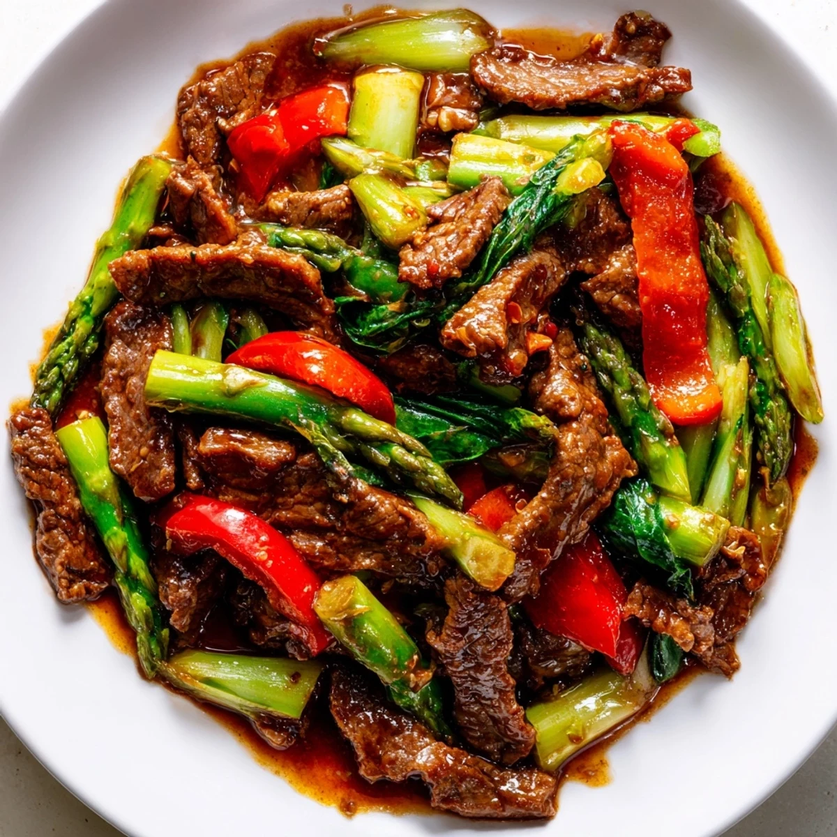 Golden soy beef bok choy and asparagus stir fry served in a white bowl over steamed white rice with glossy sauce coating tender beef strips and crisp vegetables