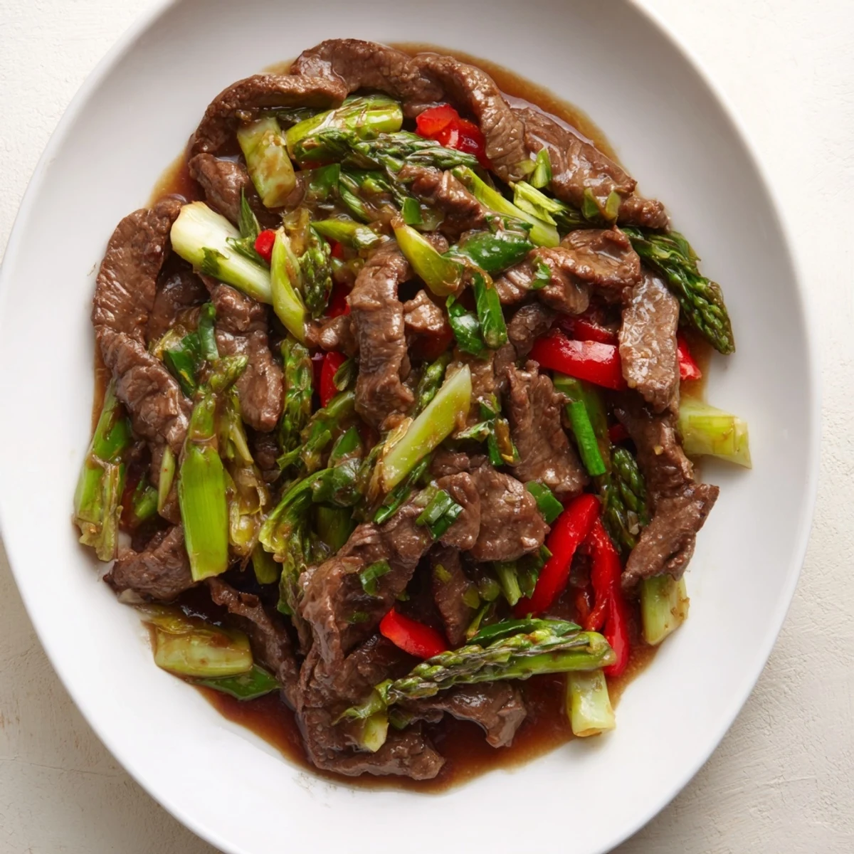 Sizzling soy beef bok choy and asparagus stir fry in a dark wok featuring caramelized beef slices bright green asparagus spears and fresh bok choy leaves