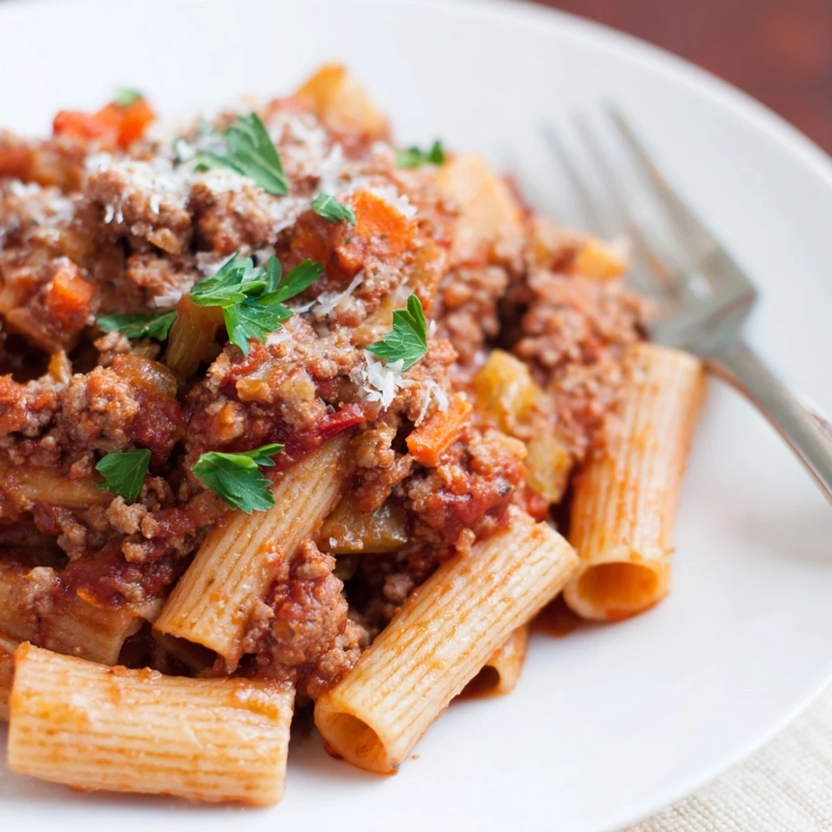 Hearty Turkey Bolognese sauce draped over al dente pasta with fresh parsley garnish