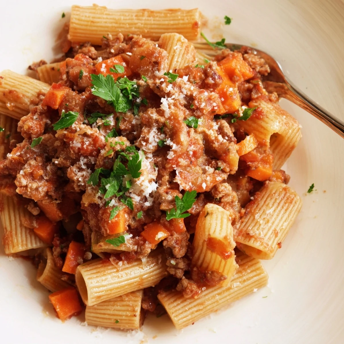 Creamy Turkey Bolognese meat sauce served over spaghetti with grated Parmesan cheese topping