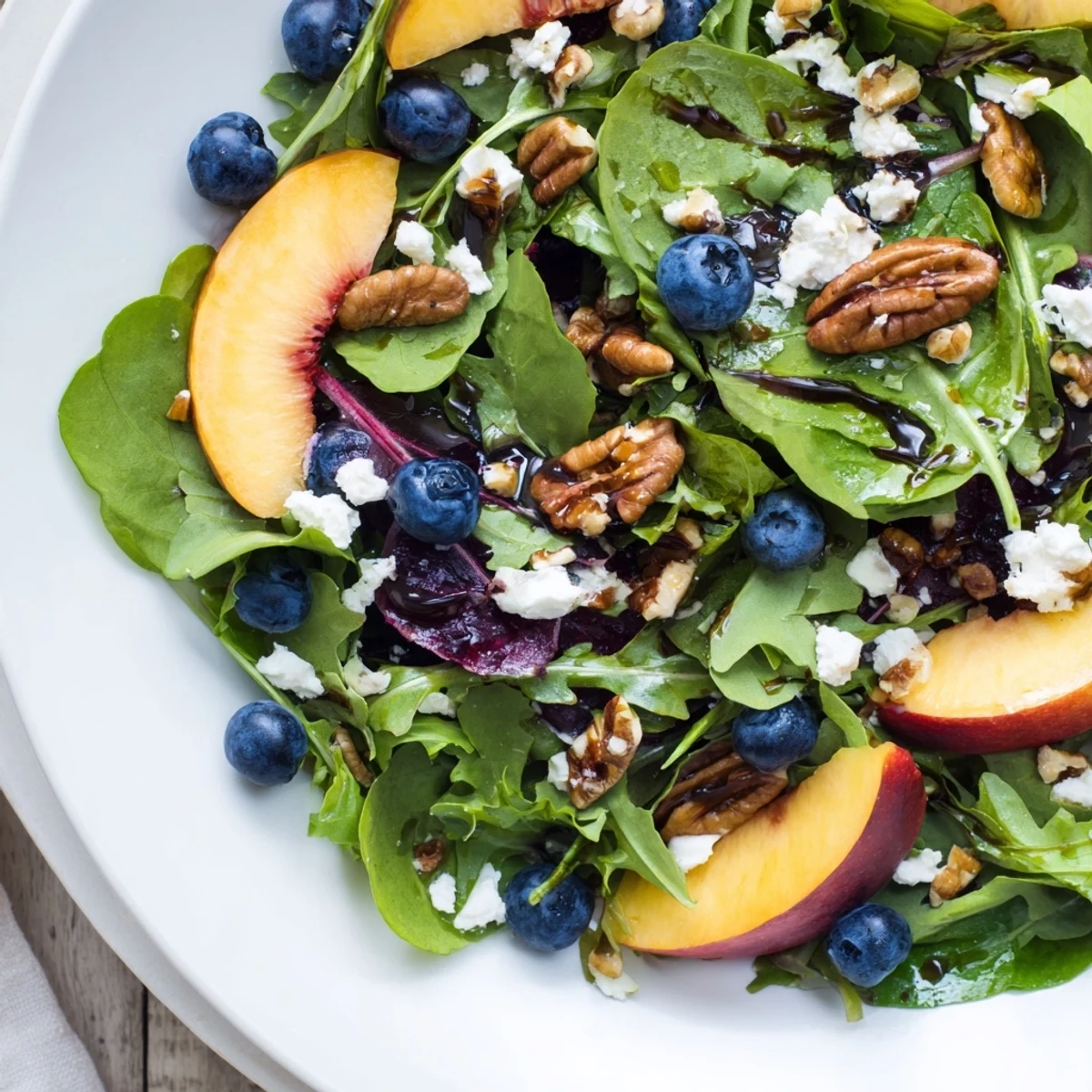Fresh blueberry peach feta salad with ripe peaches, juicy berries, and creamy crumbled cheese on crisp mixed greens