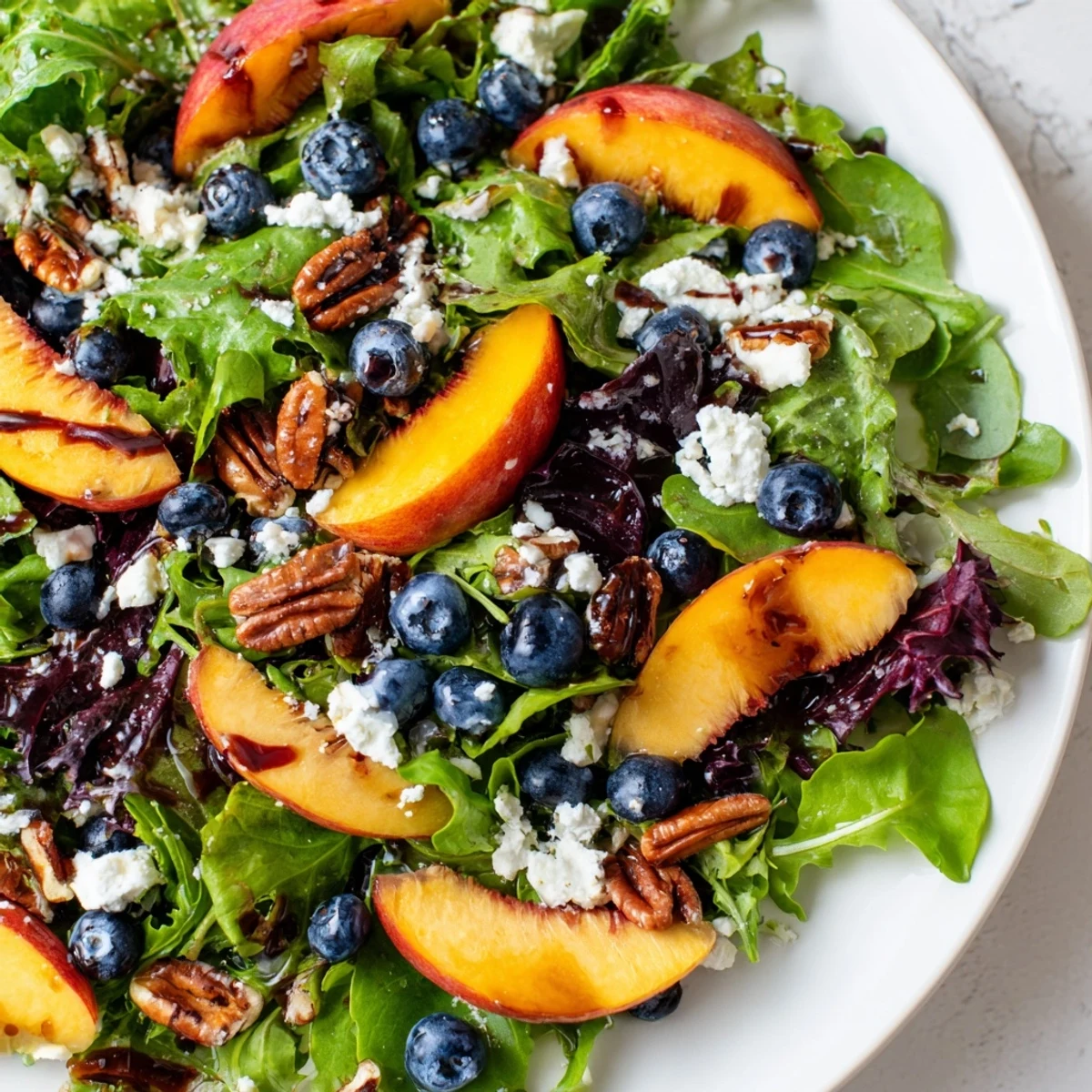 Vibrant blueberry peach feta salad in white bowl with toasted nuts and light balsamic dressing drizzled over top