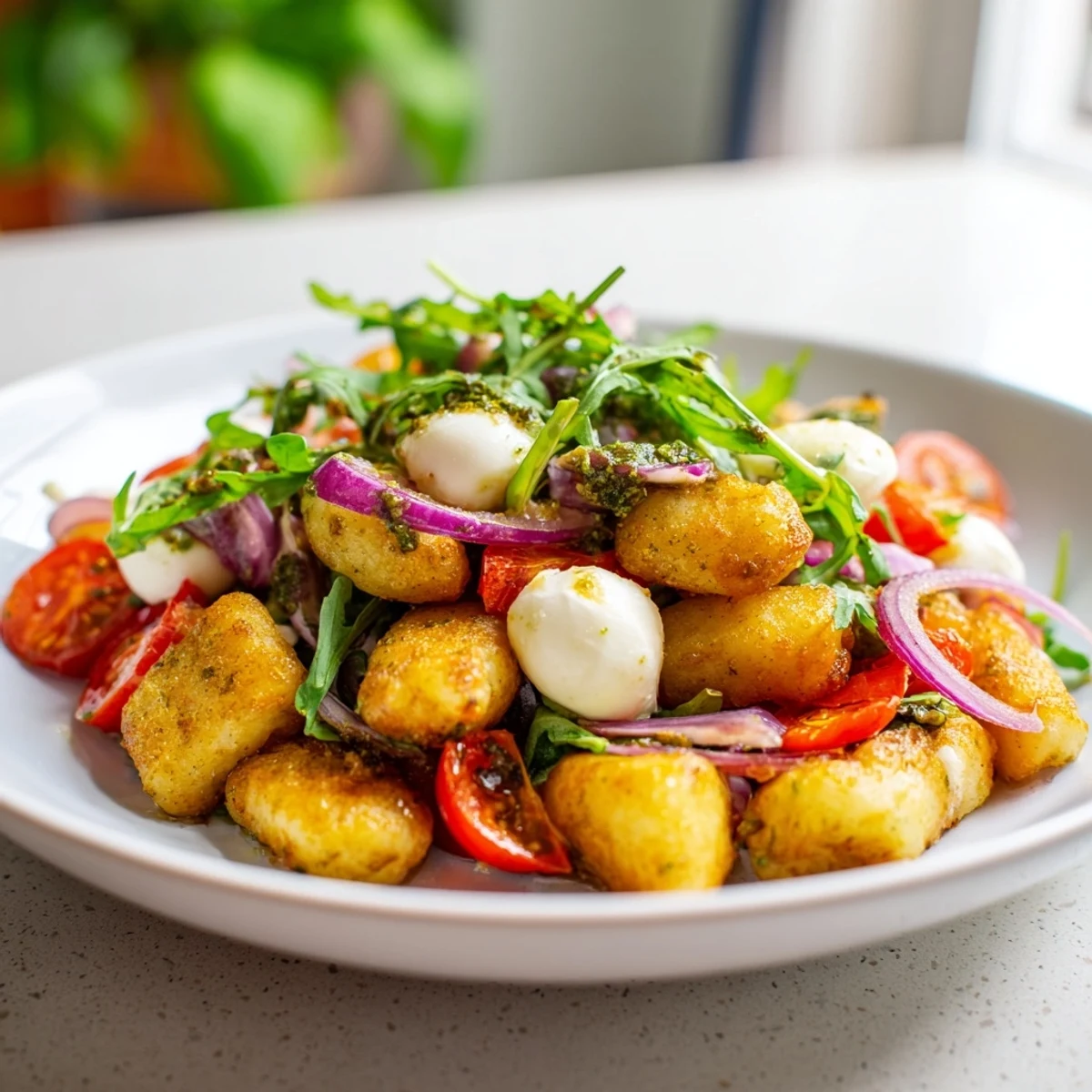 Golden roasted gnocchi salad with colorful vegetables, mozzarella pearls, and vibrant basil pesto dressing