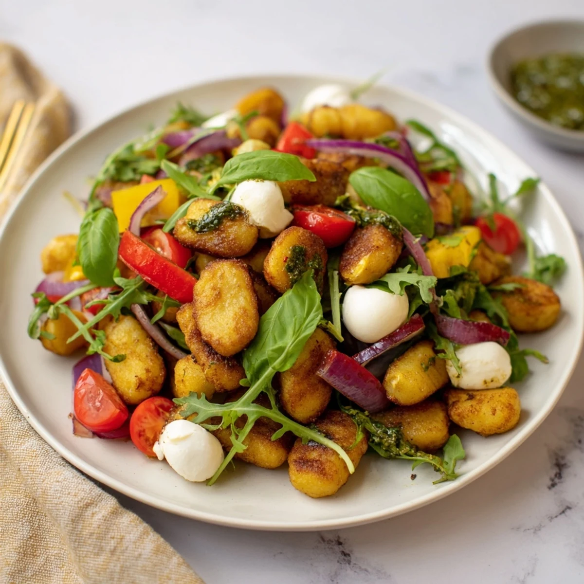 Warm Italian-inspired gnocchi salad featuring crisp roasted tomatoes, peppers, and creamy mozzarella in zesty pesto
