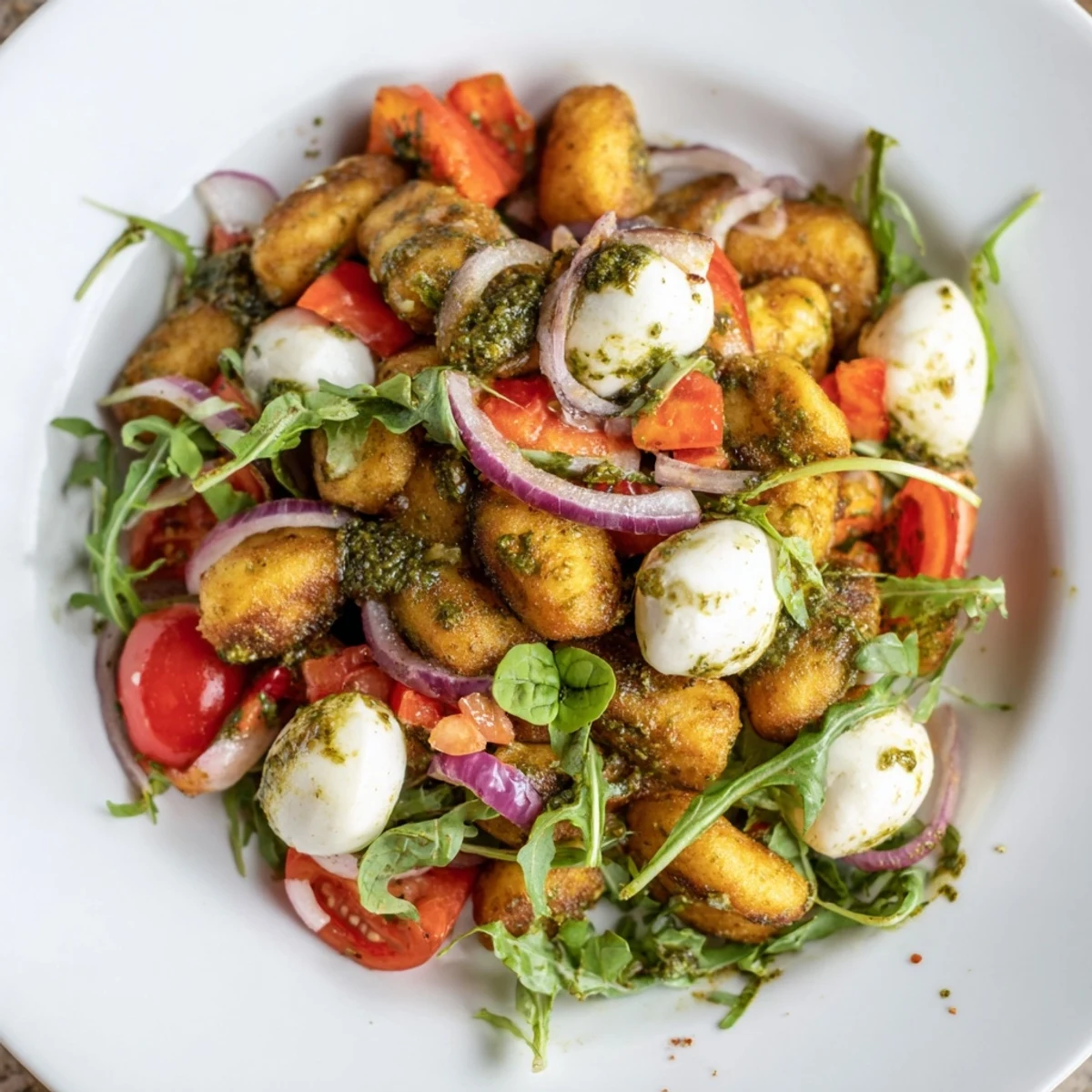Colorful bowl of crispy roasted potato gnocchi tossed with fresh veggies and pesto mozzarella delight