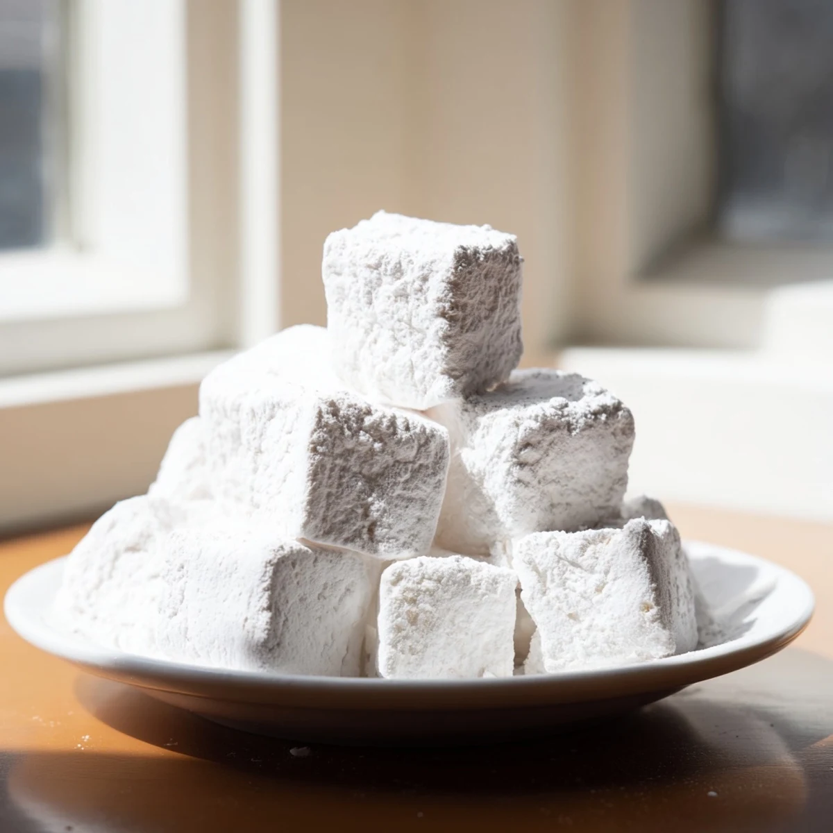 Fluffy white homemade marshmallow recipe squares dusted with powdered sugar on a wooden cutting board