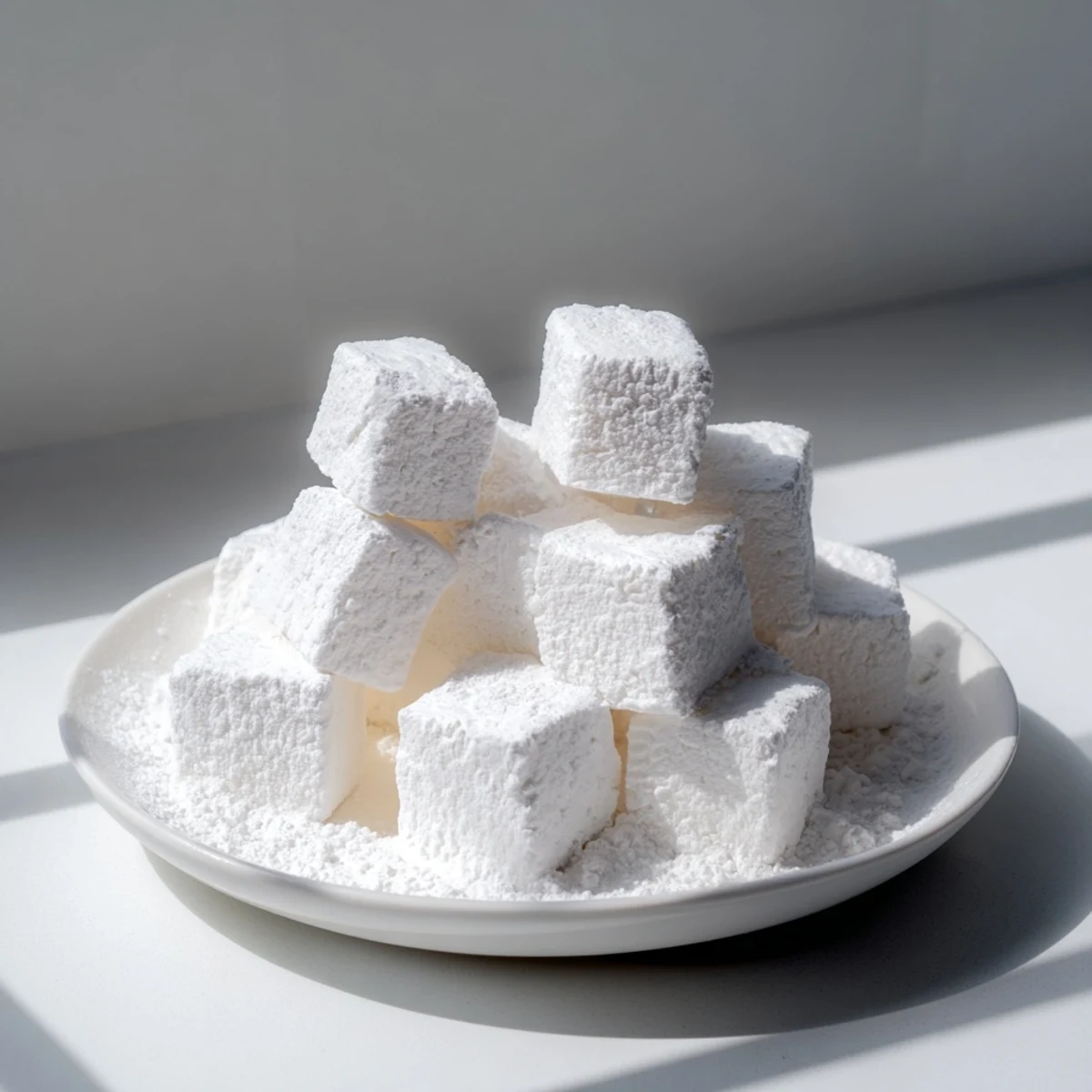 Soft pillowy marshmallow recipe cubes tossed in sweet confectioners sugar coating ready for snacking