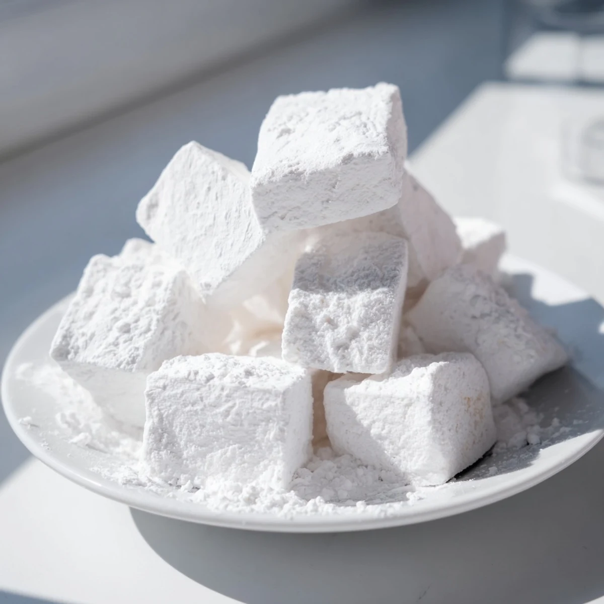 Fresh vanilla marshmallow recipe stacked in neat rows with snow-white sugar dusting topping