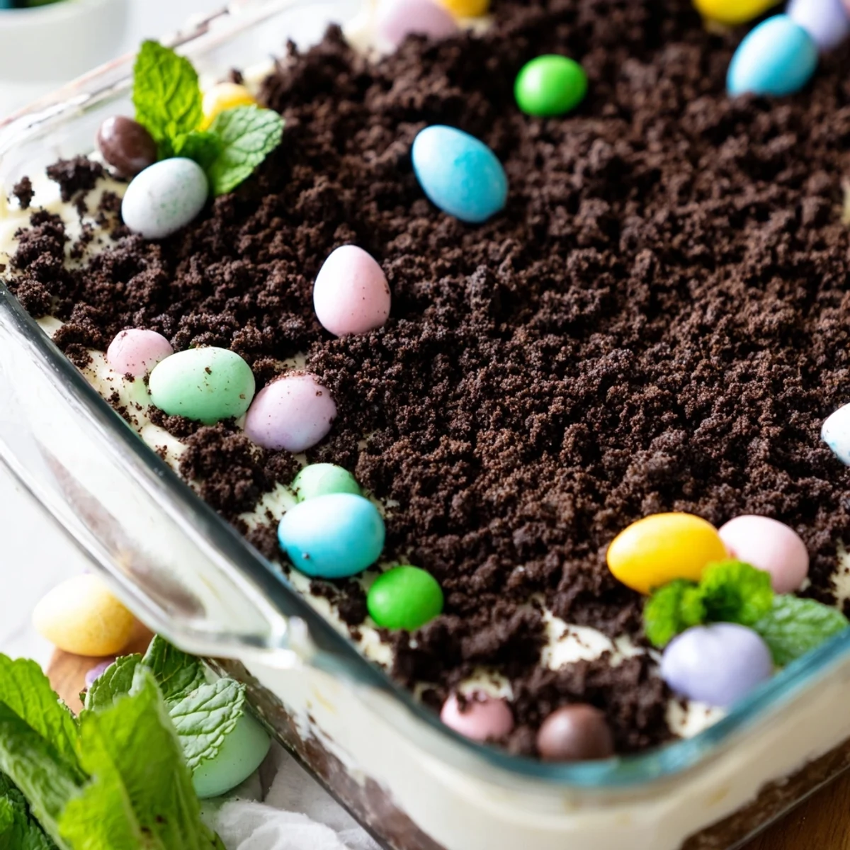 Creamy Easter dirt cake casserole layered with chocolate cookies and topped with colorful pastel candies
