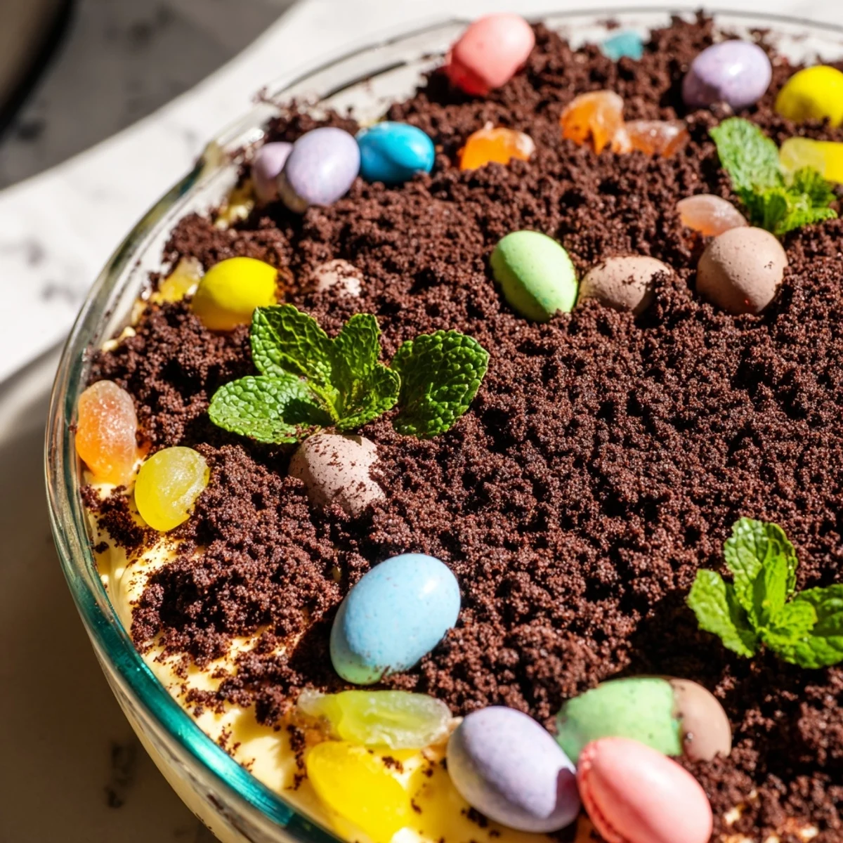 Spring dessert casserole featuring crushed chocolate sandwich cookies, vanilla pudding, and festive Easter egg decorations