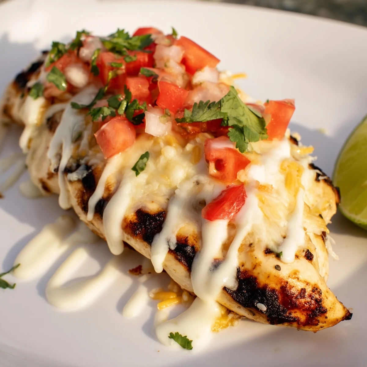 Fiesta Lime Chicken grilled to perfection with melted cheddar and zesty lime cream sauce