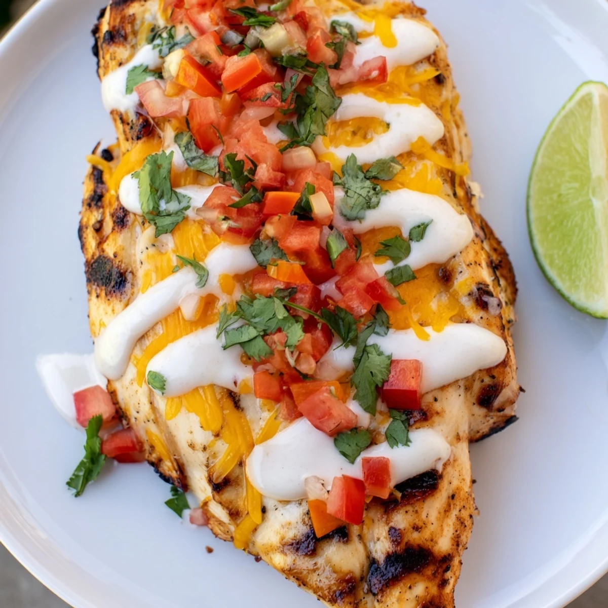 Juicy marinated Fiesta Lime Chicken topped with pico de gallo and fresh cilantro garnish