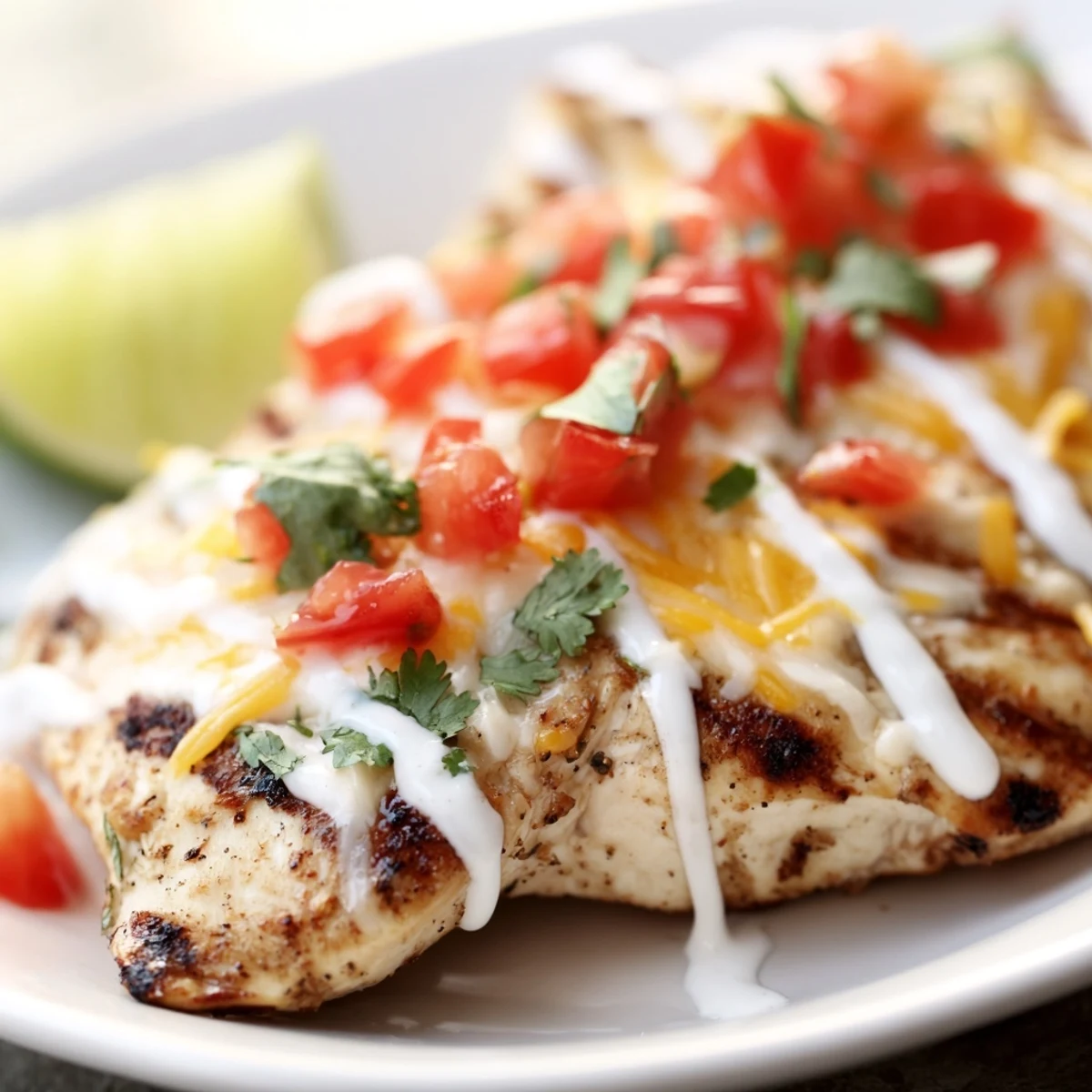 Golden grilled Fiesta Lime Chicken drizzled with tangy white sauce and lime wedges