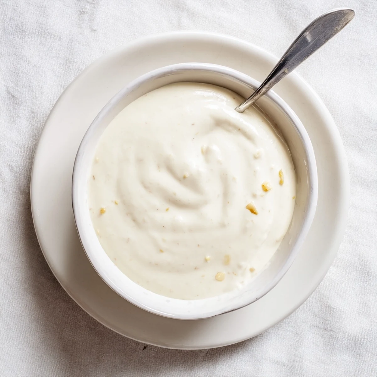 White bowl of chicken shawarma garlic sauce served alongside grilled chicken and vegetables