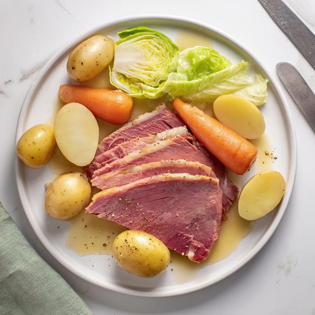 Slow cooker corned beef cabbage with tender sliced brisket, carrots, potatoes, and green cabbage wedges
