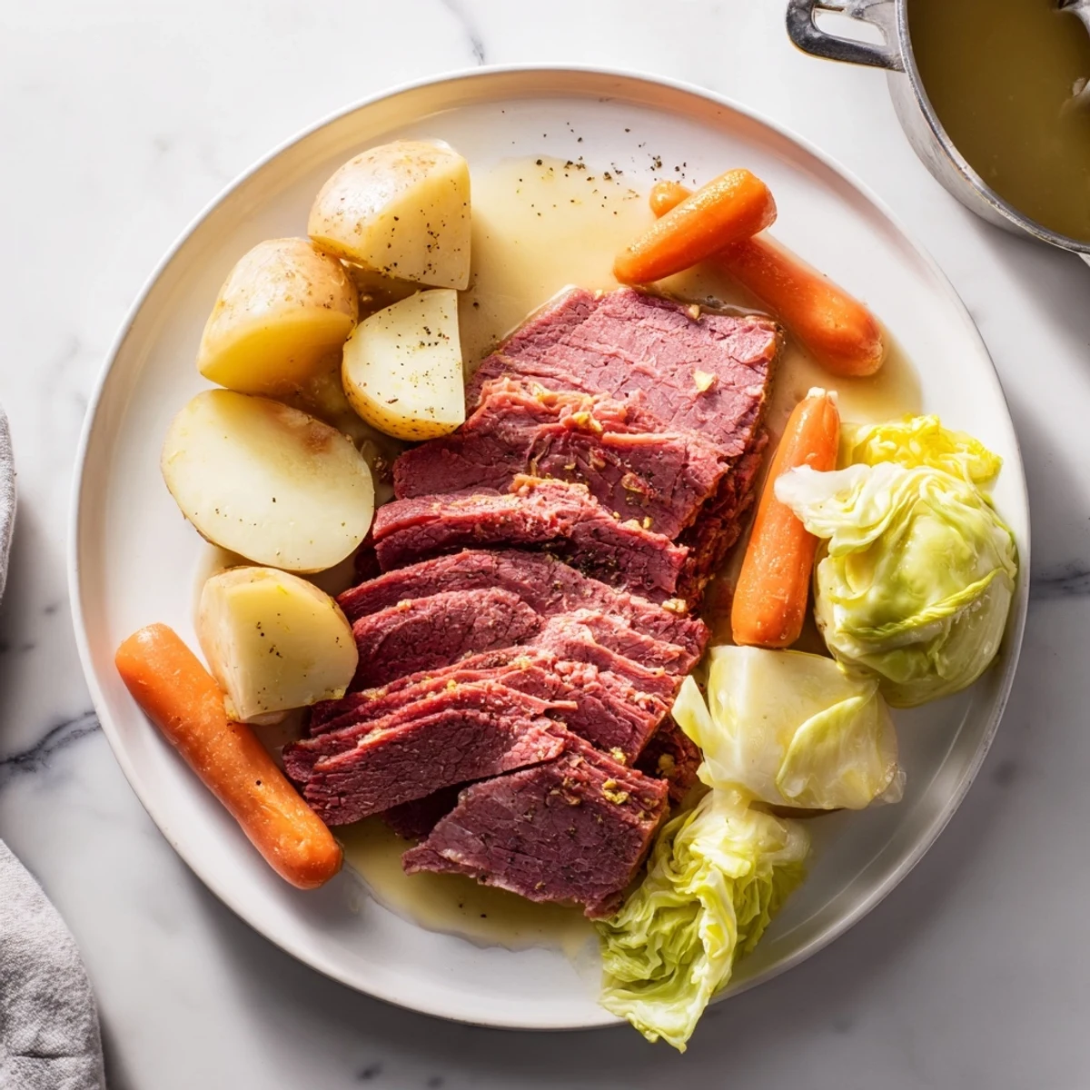 Classic corned beef cabbage served steaming hot with golden potatoes, bright carrots, and savory broth