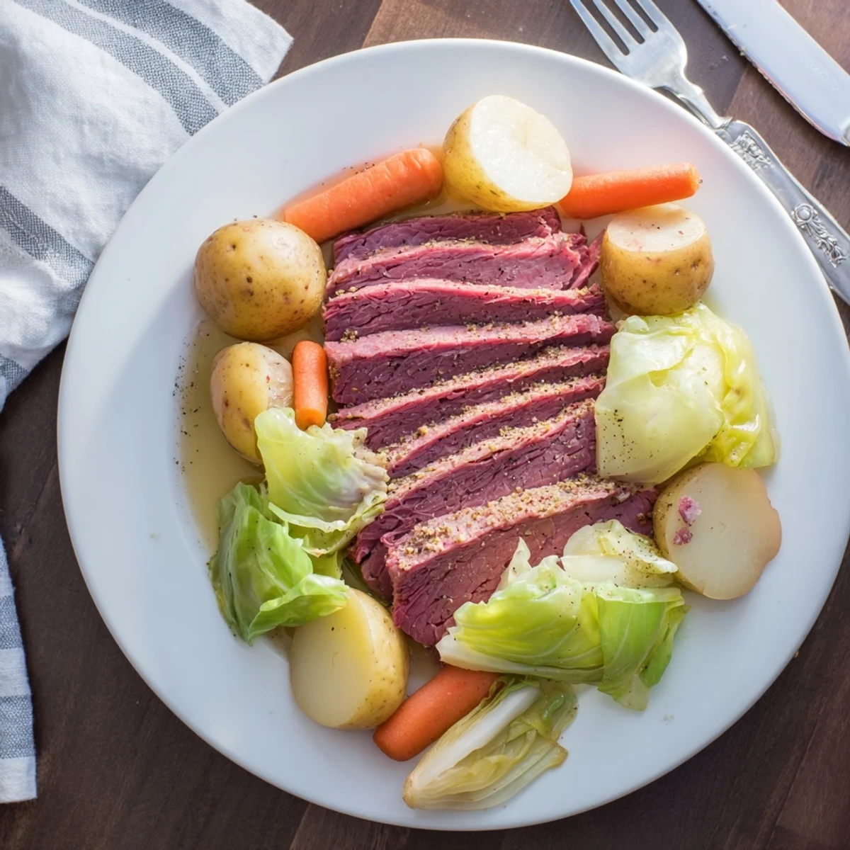 Hearty slow cooker corned beef cabbage plated with juicy beef slices and fork-tender root vegetables
