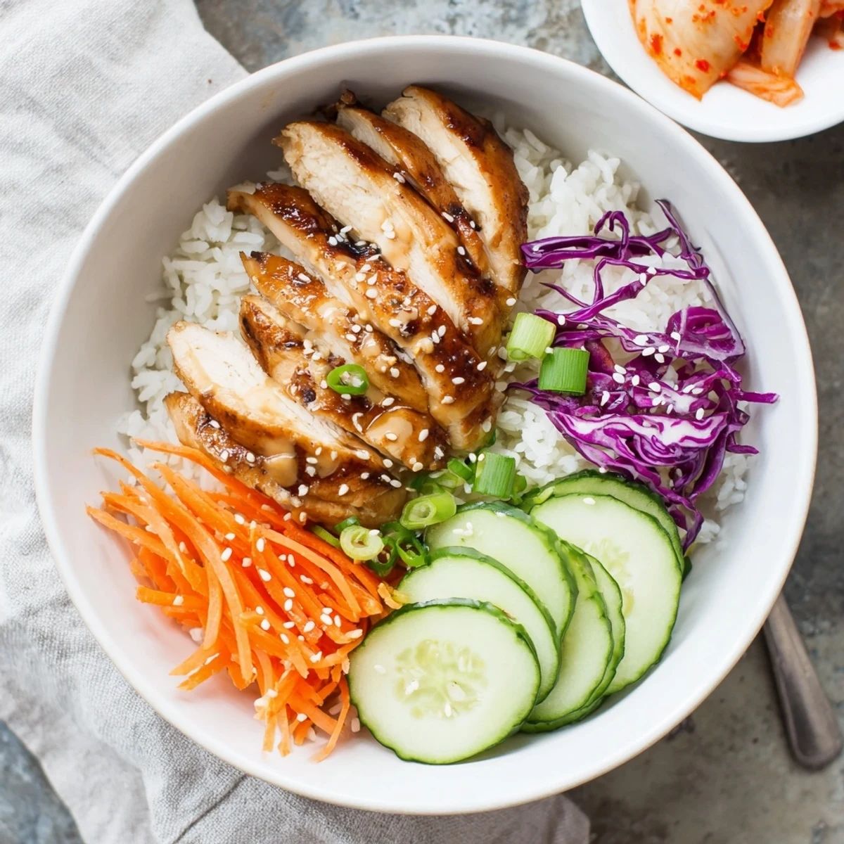 Golden grilled Korean BBQ chicken bowls with colorful vegetables over fluffy white rice
